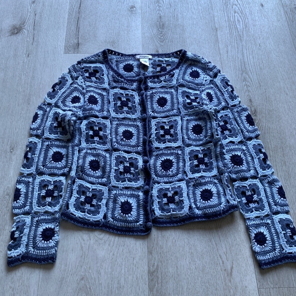 VINTAGE Airport Brand Crochet Granny Square‎ Sweater M Blue Patchwork Knit